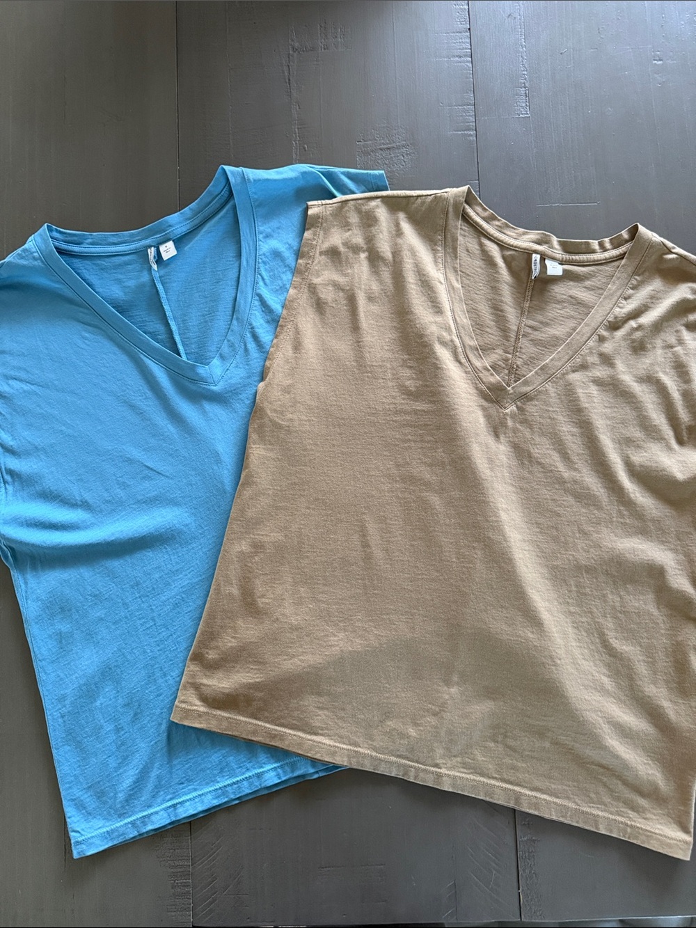 Set of 2 Nordstrom Pima Cotton V-Neck Sleeveless Tees in Blue and Tan in Size S